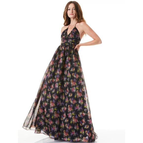 Alice + Olivia Dresses & Skirts - ALICE + OLIVIA SAORI MAGNOLIA FLORAL BLACK SILK MAXI PRINCESS GOWN SIZE 2 NWT